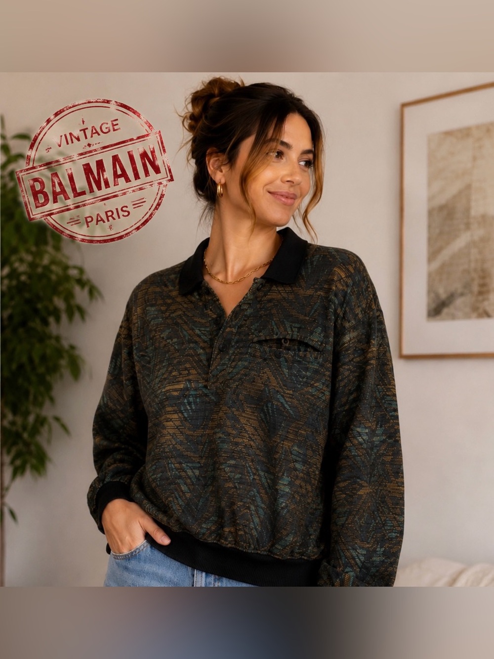 Vintage Pierre Balmain Paris Abstract Knit Polo Sweater Women’s M Men’s 46